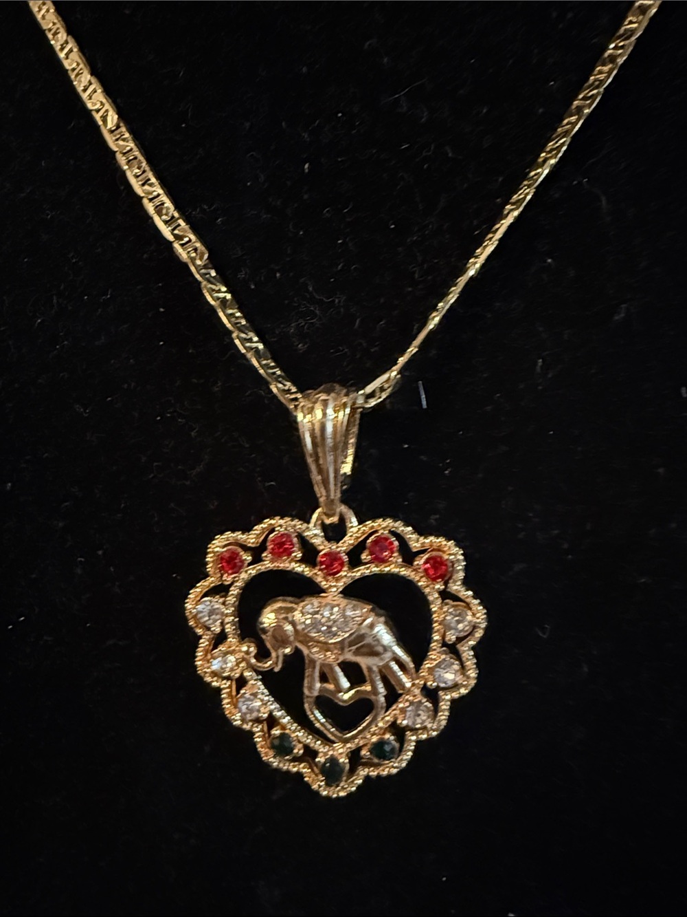 Gold Elephant Heart Pendant Necklace with Red & Green Accents Stainless Steel